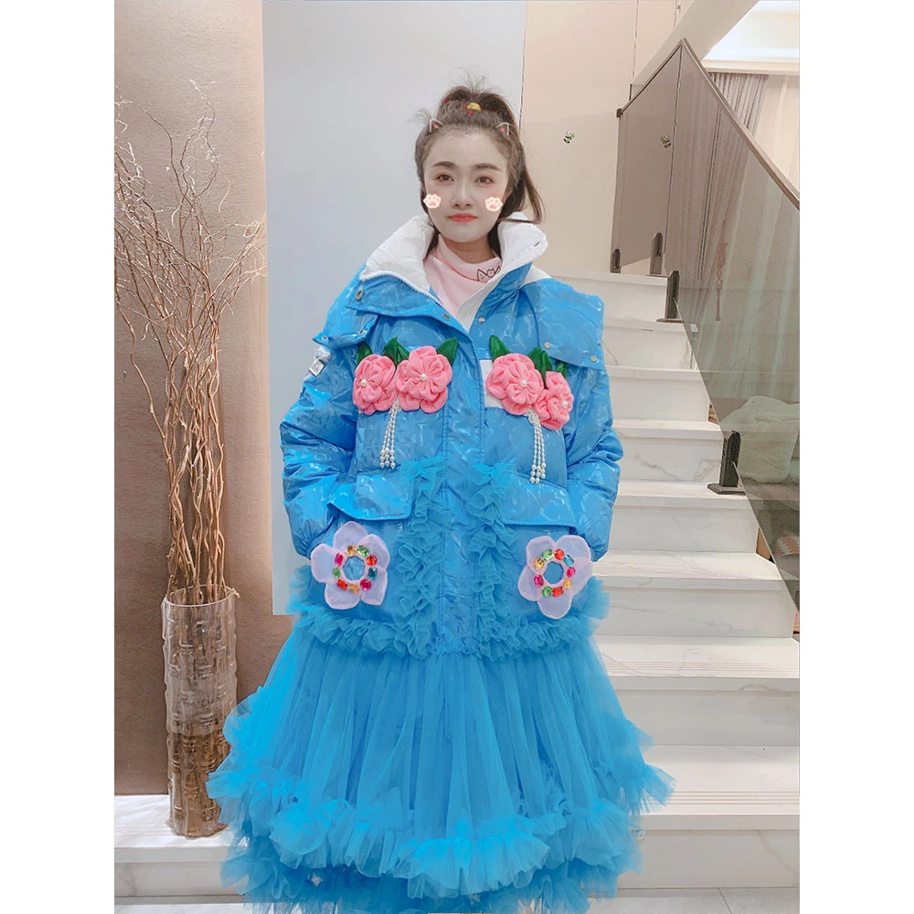 原创设计中长款连帽拼接云朵网纱鹅绒防水防风羽绒服外套