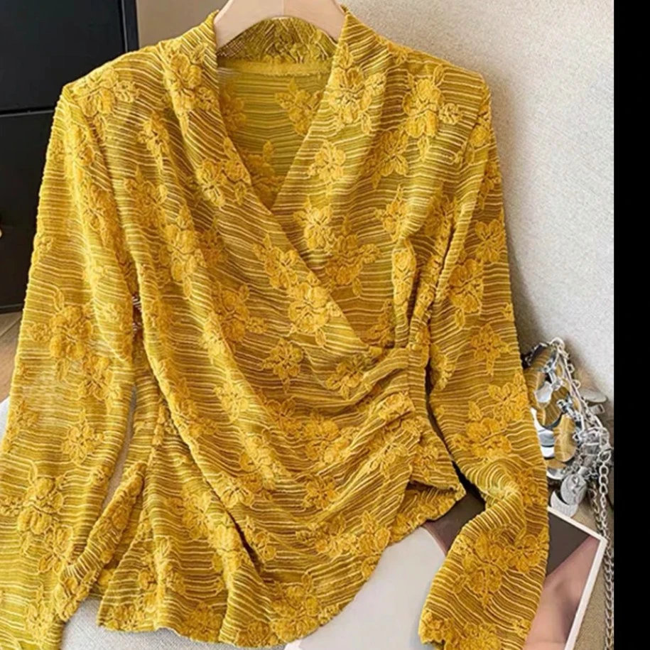 长袖常规V领修身型打底衫蕾丝衬衣气质衬衫夏季修身小衫上衣