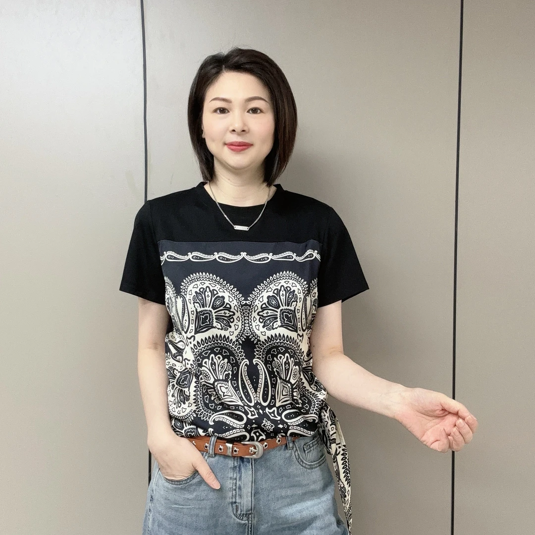 【魅力风】夏季新款拼接侧边开叉系带设计时尚潮流短袖上衣