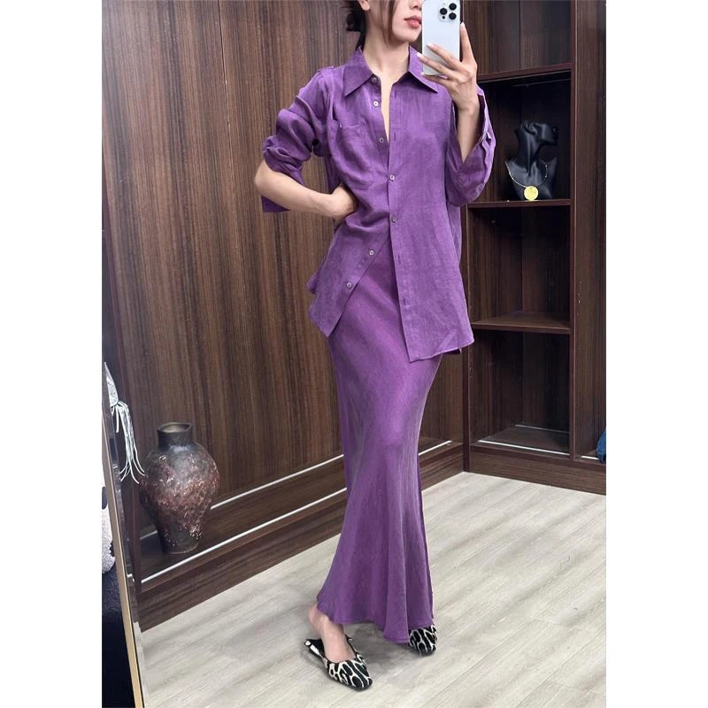 【紫丁香】洋气亚麻衬衫套装裙女衬衣鱼尾半身裙两件套春夏款