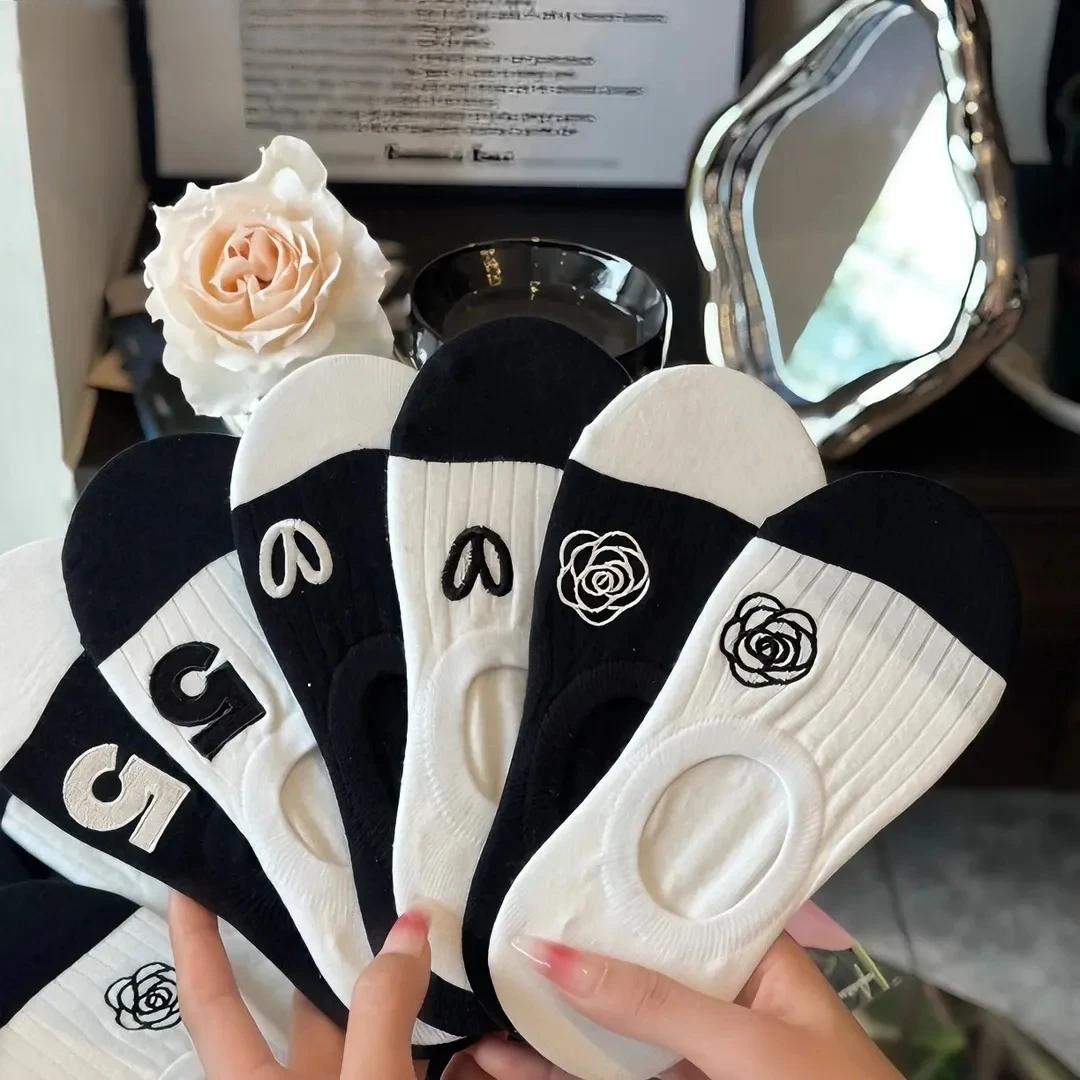 夏季低帮山茶花薄款棉质女船袜隐形袜刺绣简约风防滑不掉跟防汗