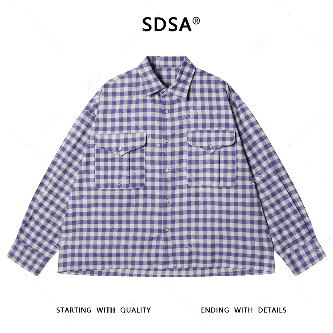 SDSA男士秋冬新款痞帅男装潮牌撞色格纹格子翻领长袖衬衫休闲衬衣