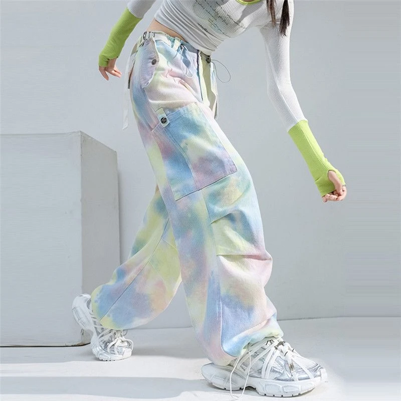 彩虹色扎染美式工装裤女2025秋装多巴胺晕染直筒运动休闲阔腿裤潮