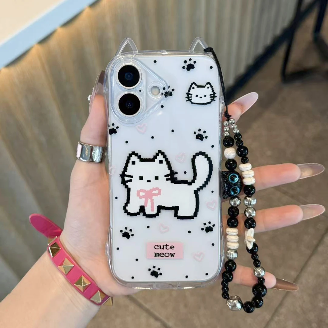 GGBond像素风小猫挂链适用苹果17/16猫耳手机壳华为oppo小米vivo