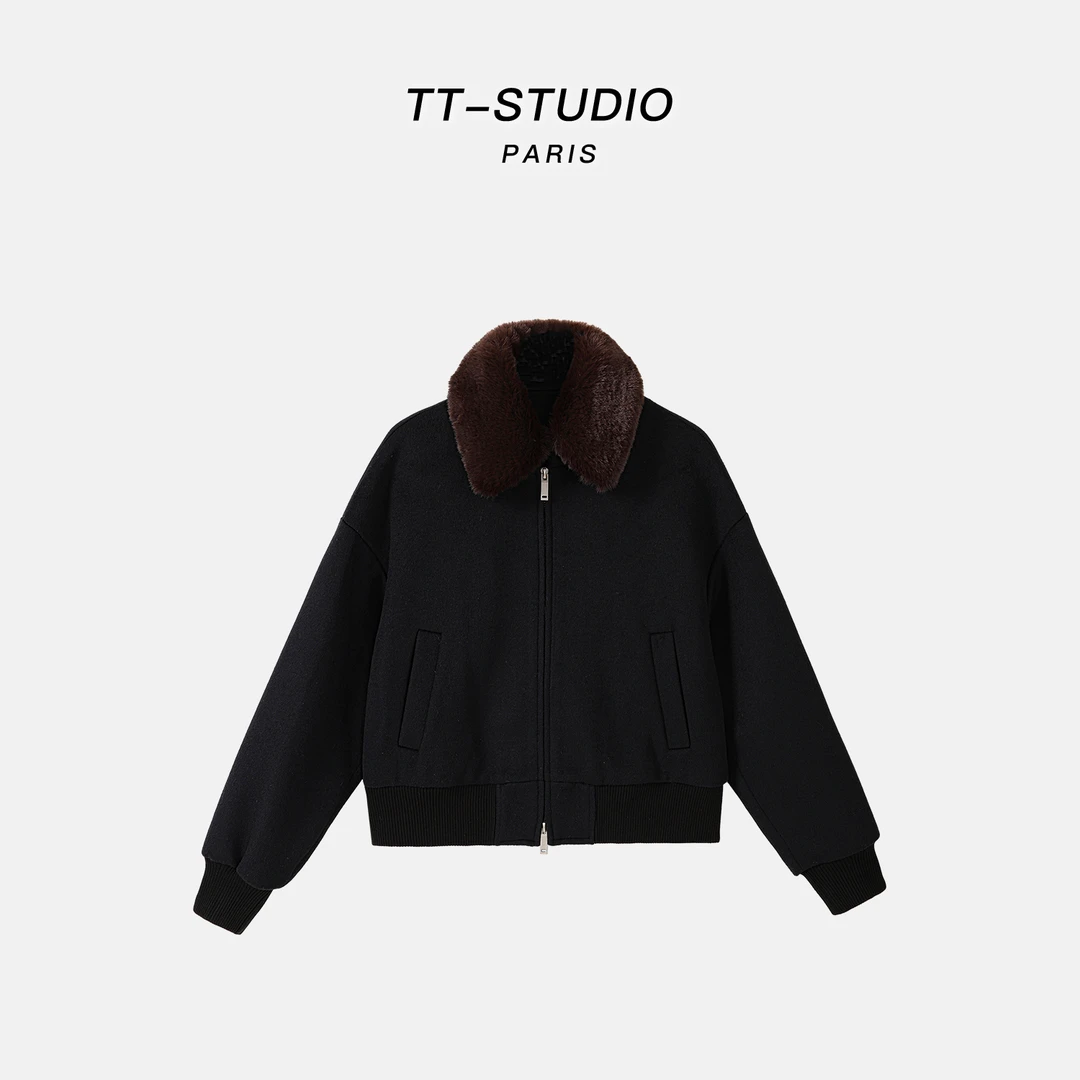 MCOMINILIVES①【毛领外套】绵羊毛复古保暖极简风短外套TT-WX0615