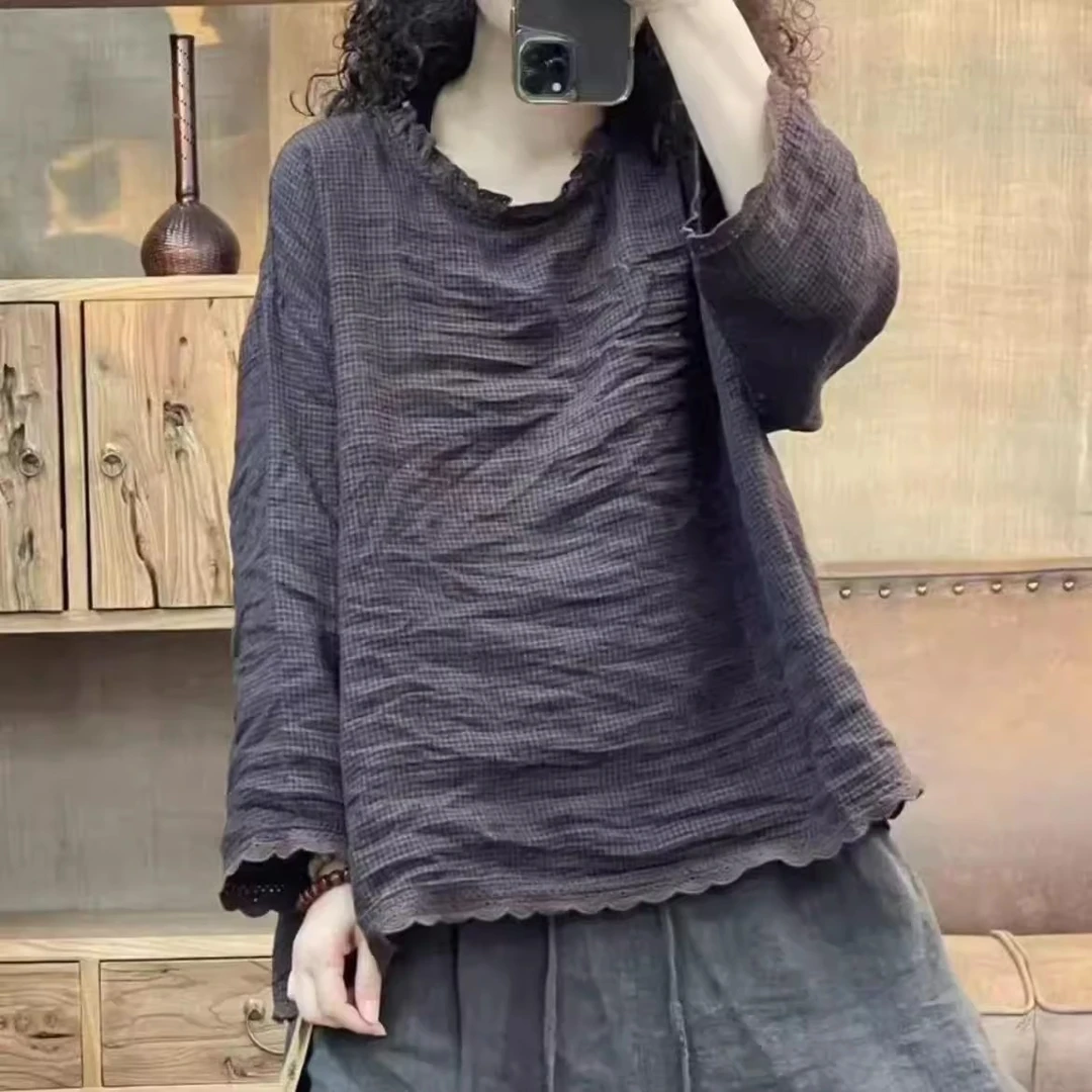 FF 7055 秋季新品休闲百搭亚麻木耳边女士上衣 胸围140长63