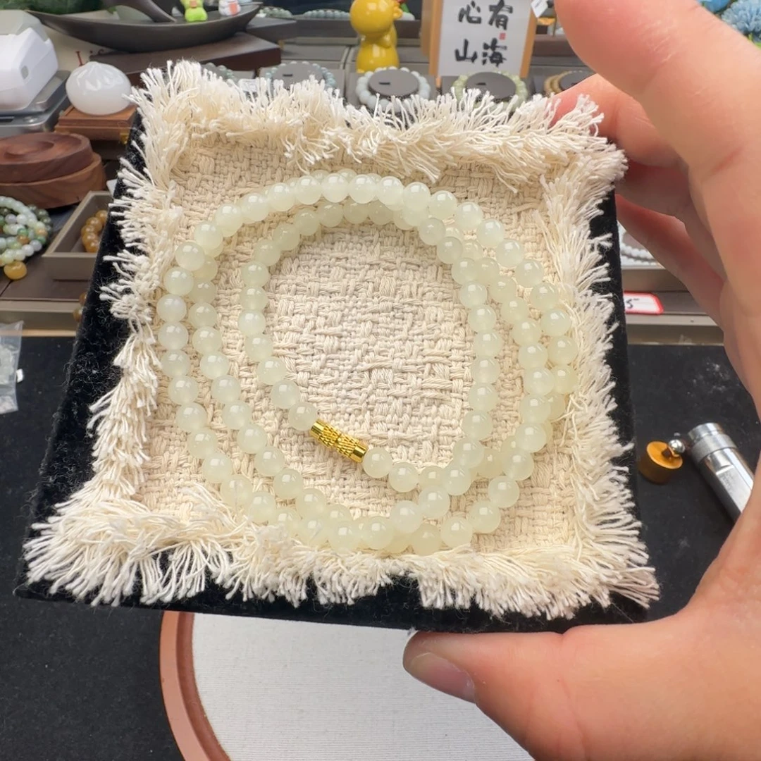 和田玉未镶嵌手链卡6冰白猫108，65