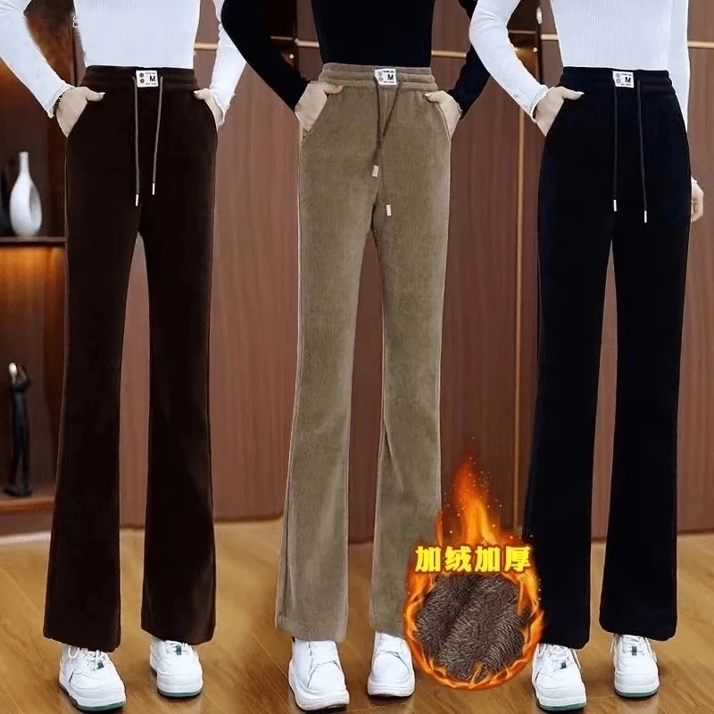 加厚保暖绒微喇裤喇叭裤2024秋冬新款高腰加绒保暖休闲雪尼尔女裤