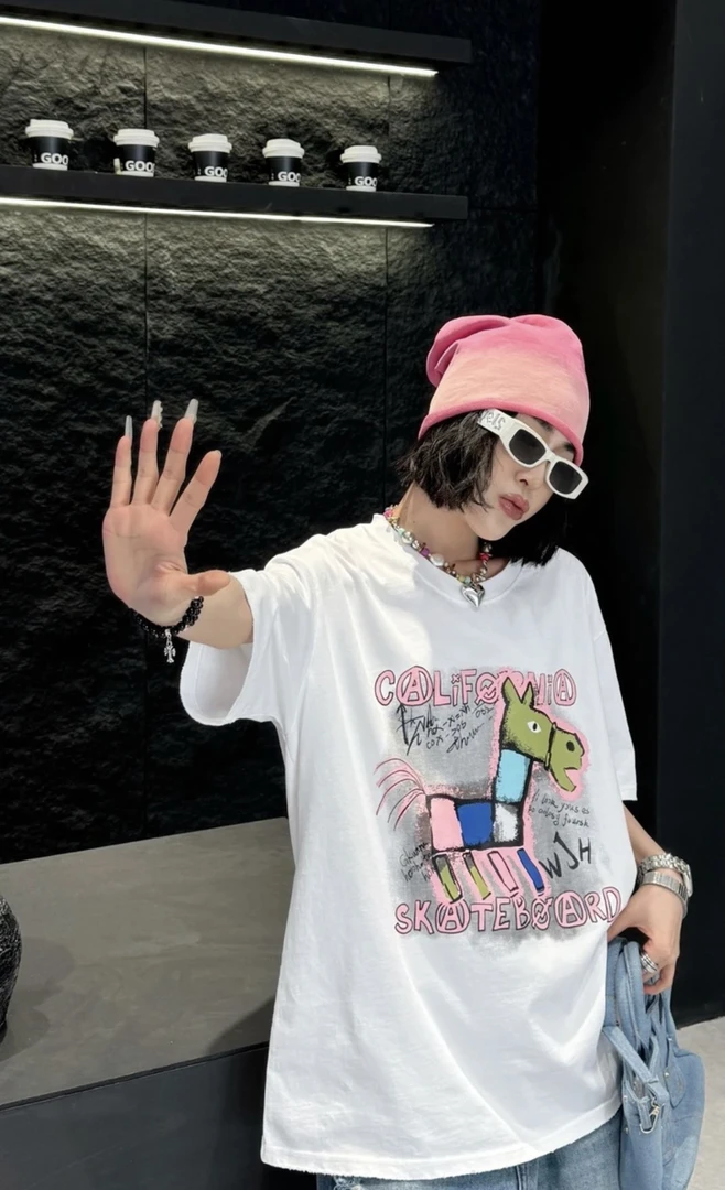 1586大码女装春夏字母印花T恤小马宽松休闲圆领短袖洋气女士半袖