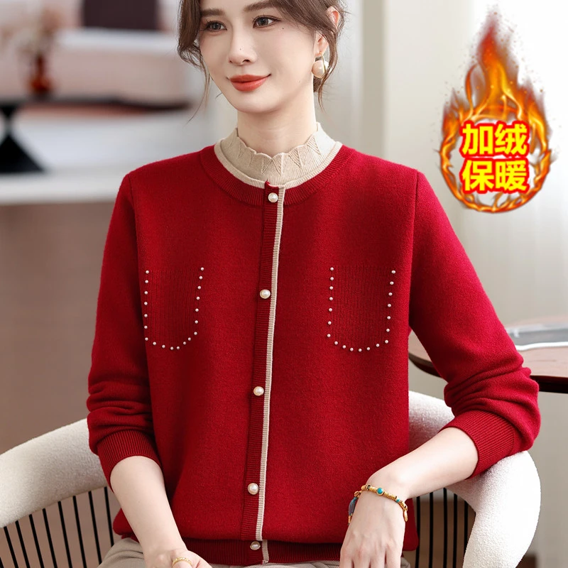 2025新款妈妈冬季加绒加厚毛衣中老年女秋冬洋气一体绒保暖打底衫