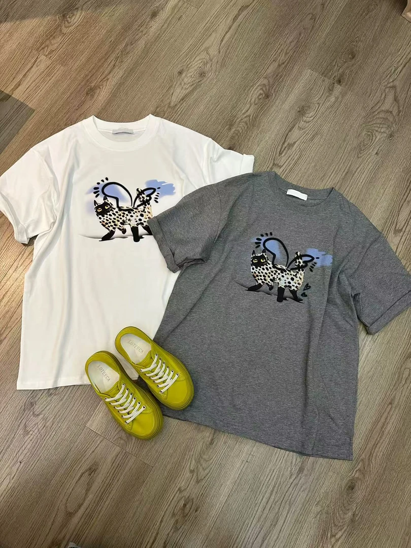 【不得不爱】2025夏季新款宽松百搭纯棉猫咪短袖T恤