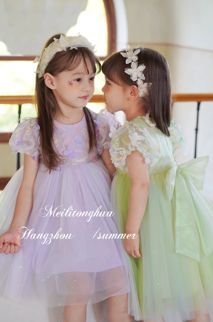 女小童紫色花朵蓬蓬纱公主裙夏季