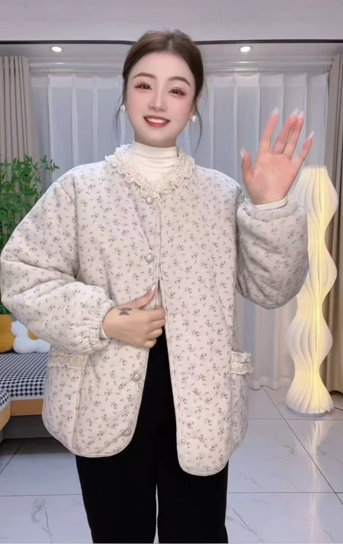 碎花领子带花边领睡衣家居服三层加绒加厚1