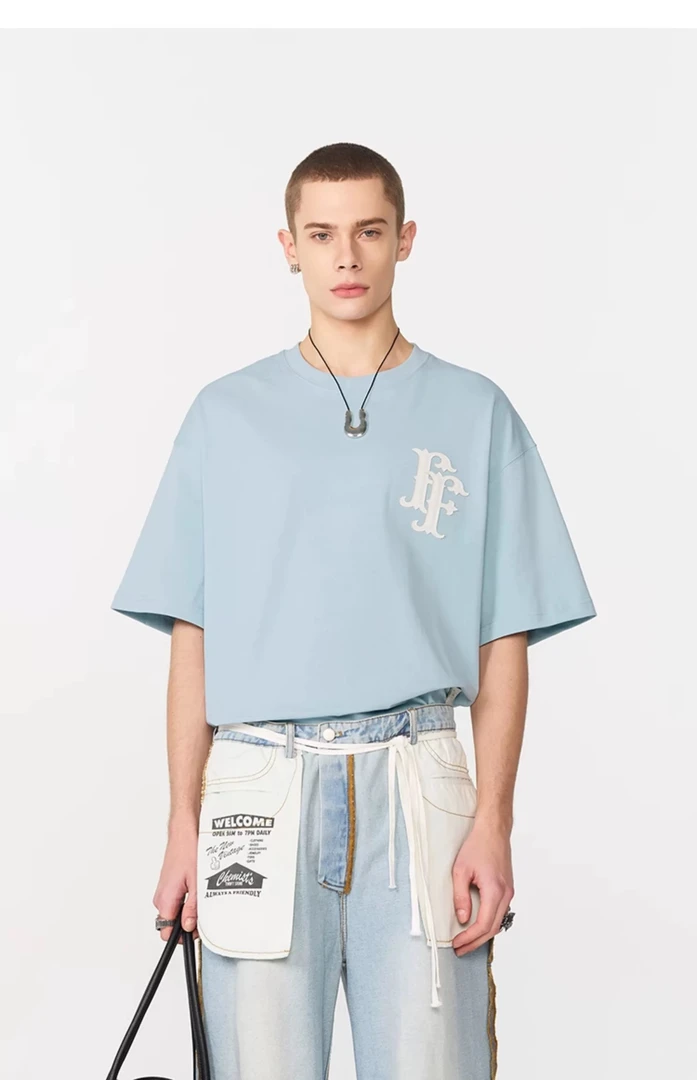 FORNINES 夏季国潮重磅刺绣短袖T恤男女情侣纯棉半袖-FN563