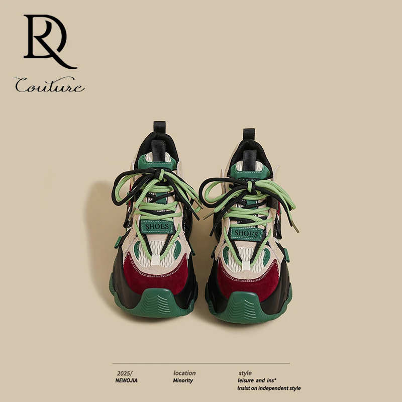【DR专柜正品】2025秋冬季新款厚底老爹鞋女绿色拼接时尚韩版百搭休