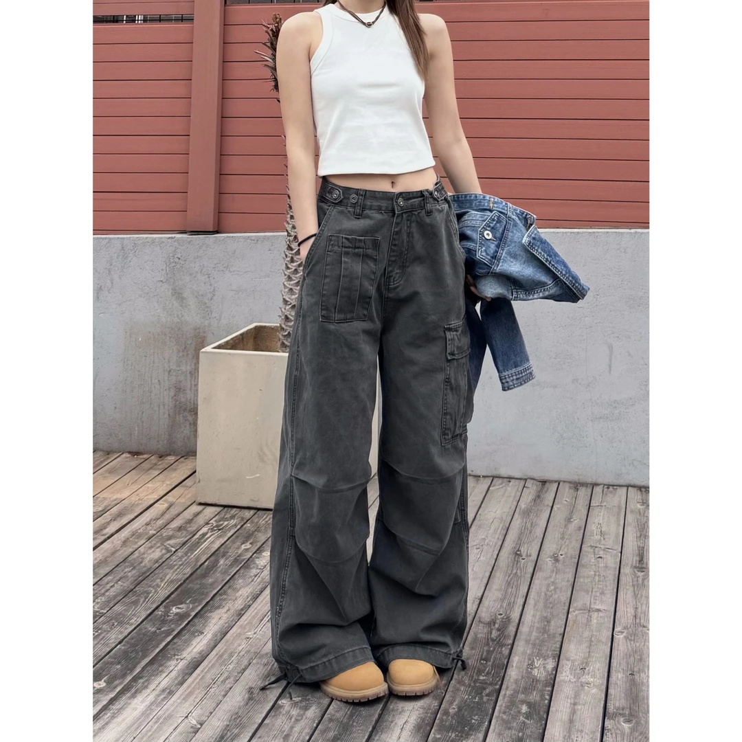 XFX 美式复古宽松直筒腰围可调节工装裤女阔腿多口袋cleanfit长裤