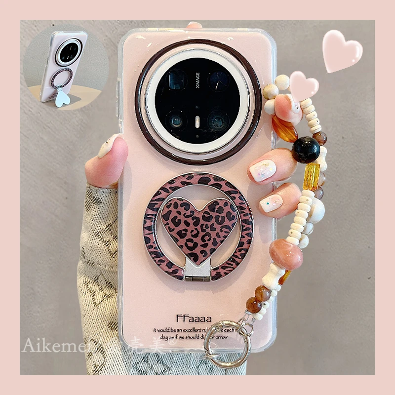 适用华为mate70pro+手机壳冰摩卡色Mate60pro+豹纹爱心磁吸支架女