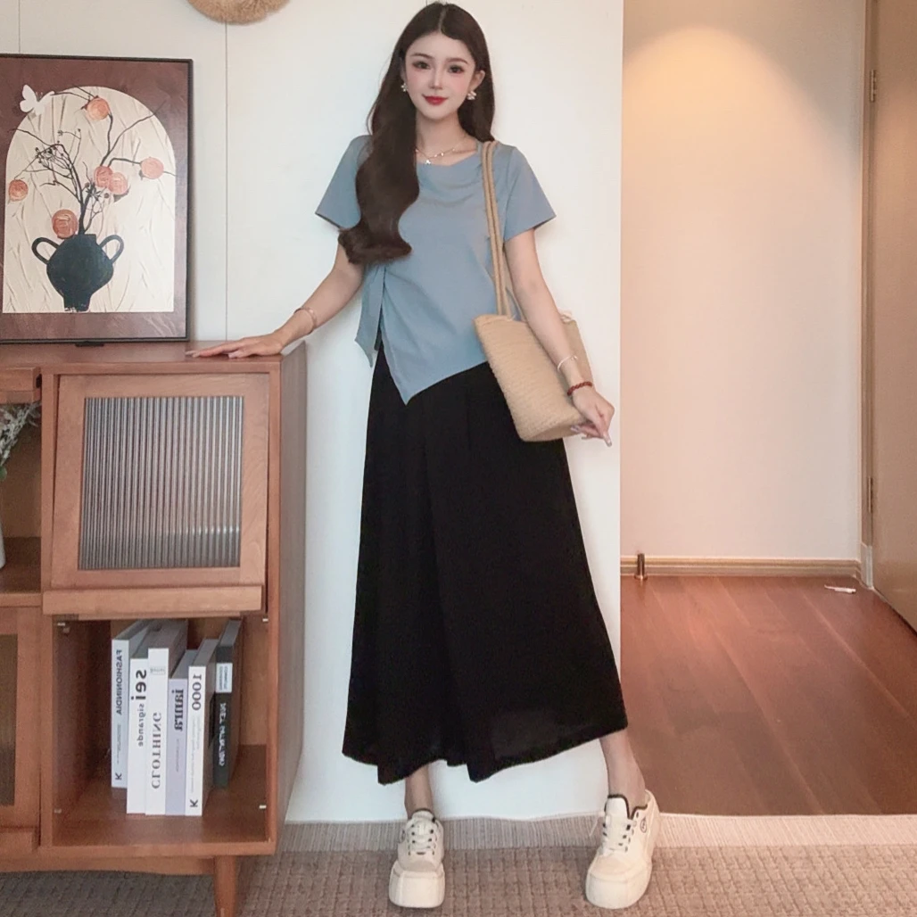 冰感丝裙裤叠搭式设计感夏季新款黑色女显瘦大码阔腿裤中长款