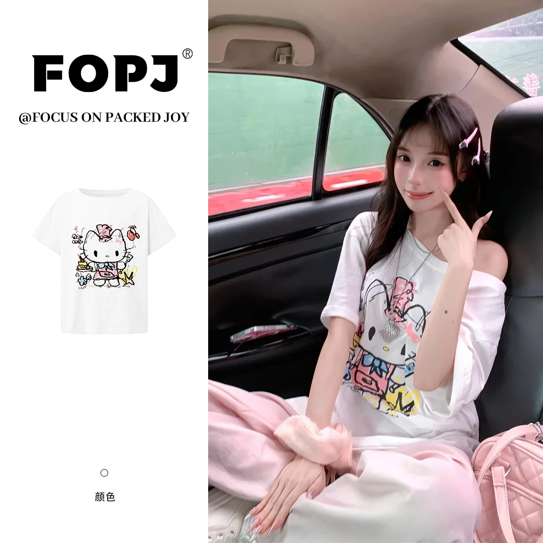 FOPJ韩系夏季新款宽松斜肩短袖T恤女kitty设计感慵懒风一字肩上衣