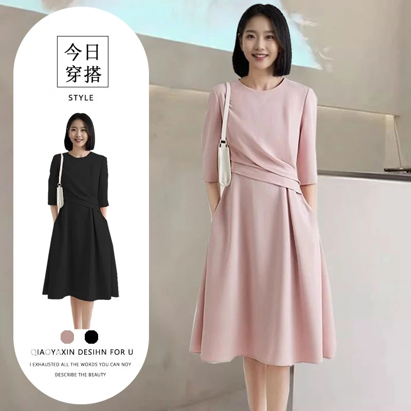 夏季新款时尚简约中长款A字裙潮港味别致独特收腰捏褶显瘦连衣裙