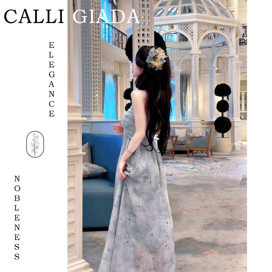 【CALLI GIADA 时鹤惊花】夏季复古气质优雅国风长款挂脖绑带连衣裙