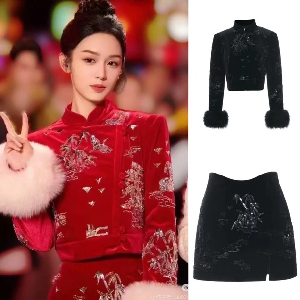 辰辰服饰丝绒红色国风上衣短外套半裙