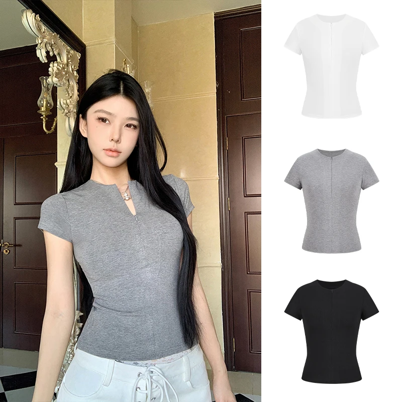 Moses Queen/魔西女王美式复古半开领拉链短袖T恤辣妹正肩上衣