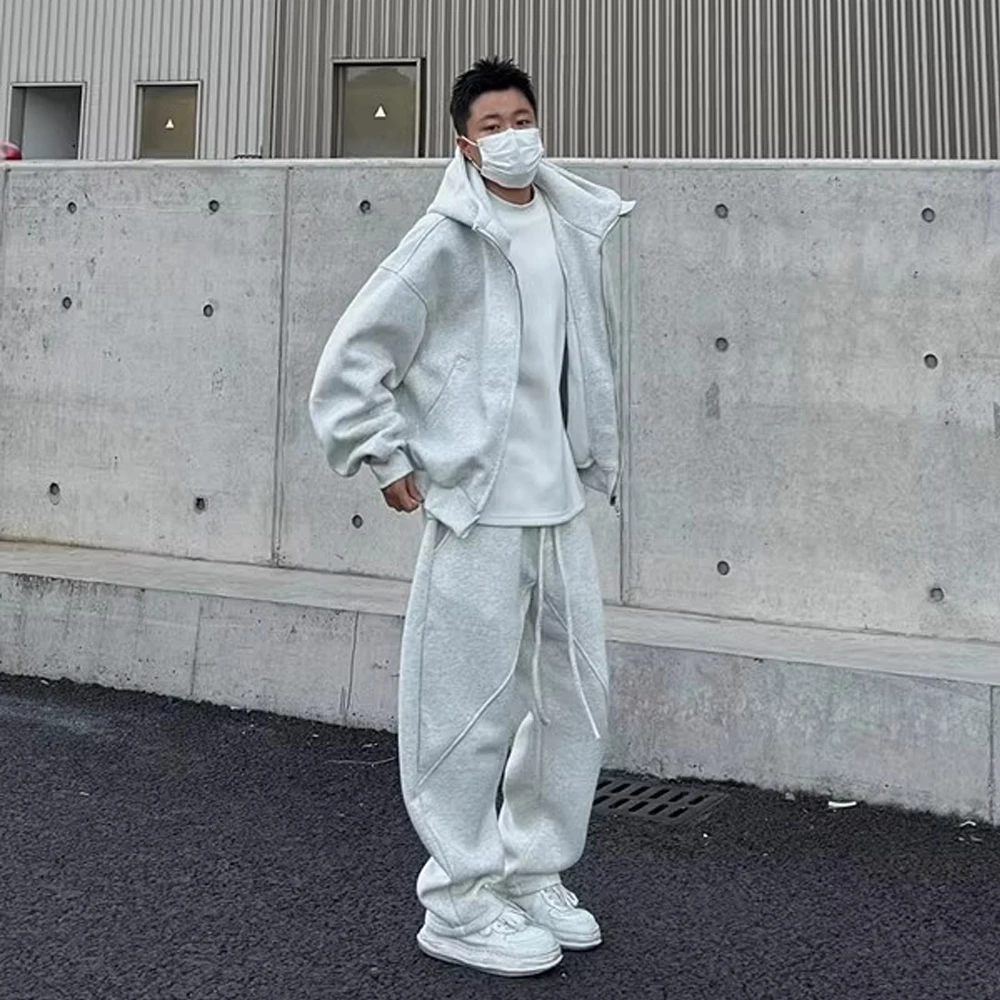 秋冬加绒加厚连帽开衫休闲套装潮流男情侣纯色外套长裤青年两件套