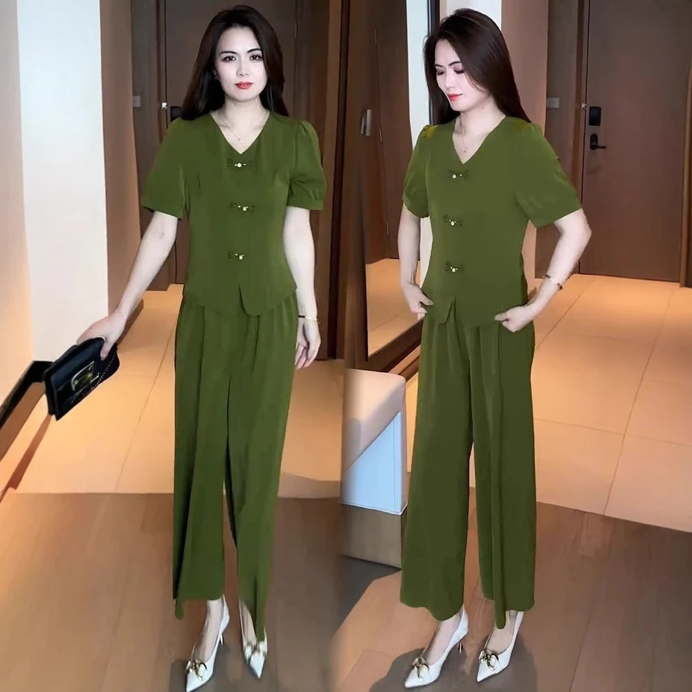 时尚冰丝套装2025夏季新款显瘦盘扣短袖甜美可爱女士宽松连衣裙