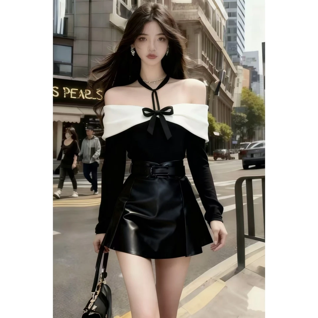 新款时尚御姐风撞色一字肩露肩挂脖长袖上衣+黑色高腰半身裙套装