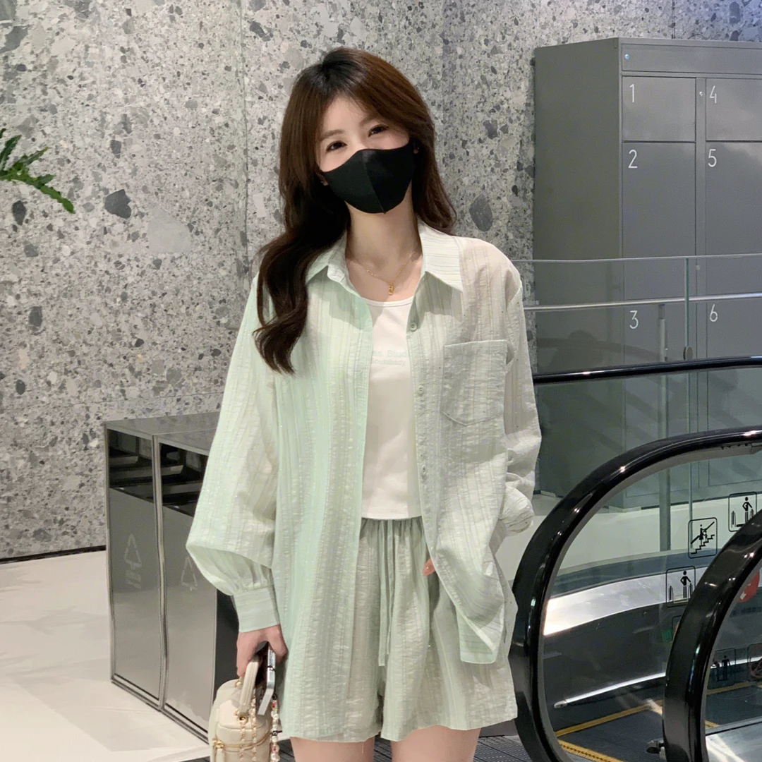 【流星雨3件套】设计款亮闪防晒衬衣外套+背心+短裤套装TZ1687