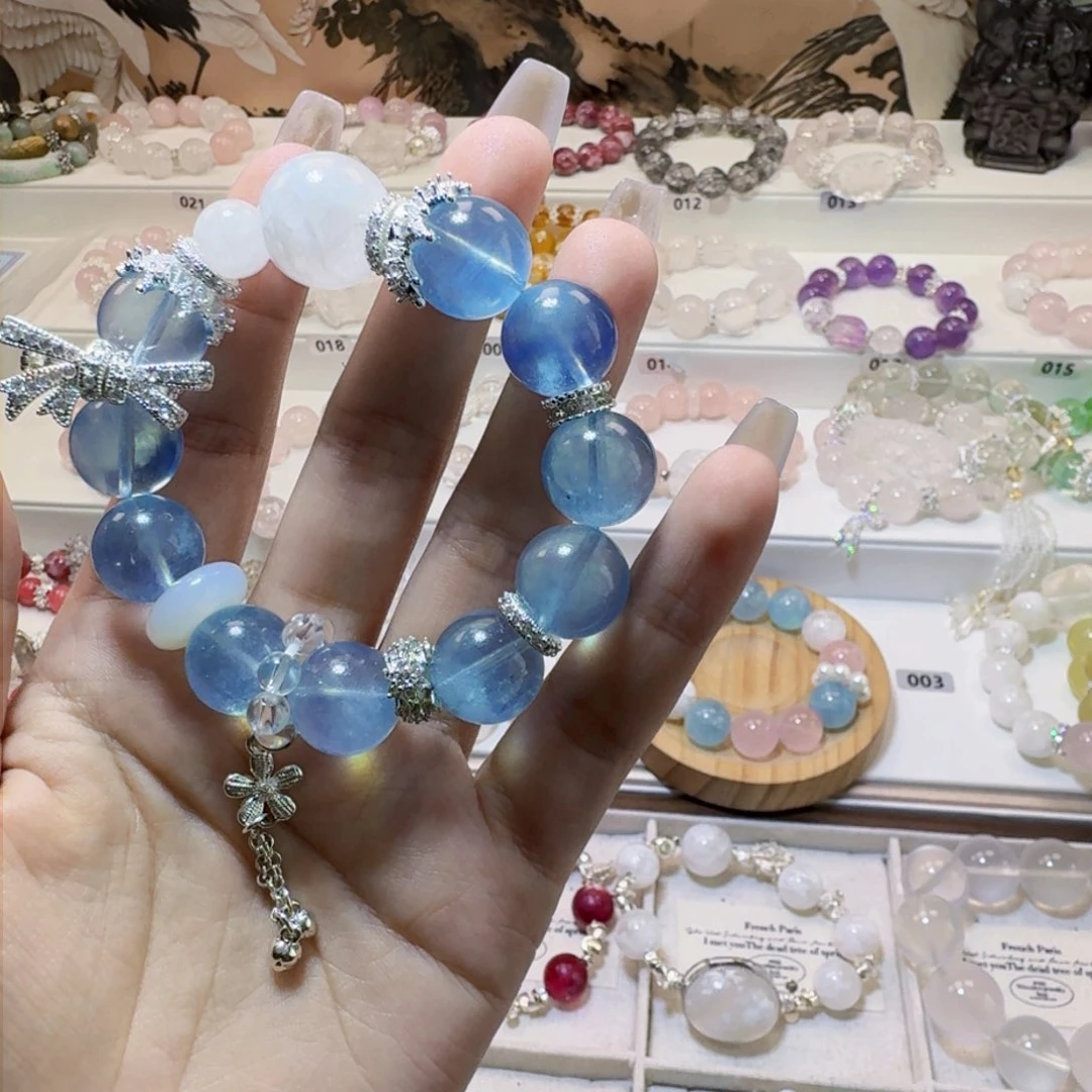 烟晶手链银S925镶嵌海蓝宝定制蓝天白云款