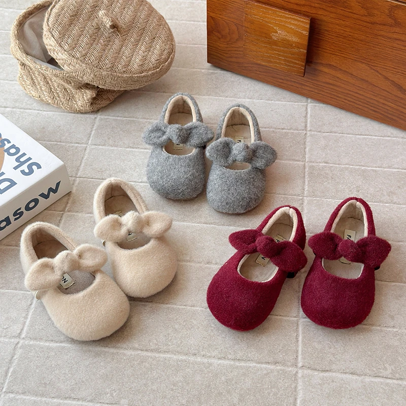 【云朵糖】韩版女童蝴蝶结加绒毛毛鞋温柔儿童百搭棉鞋玛丽珍公主鞋