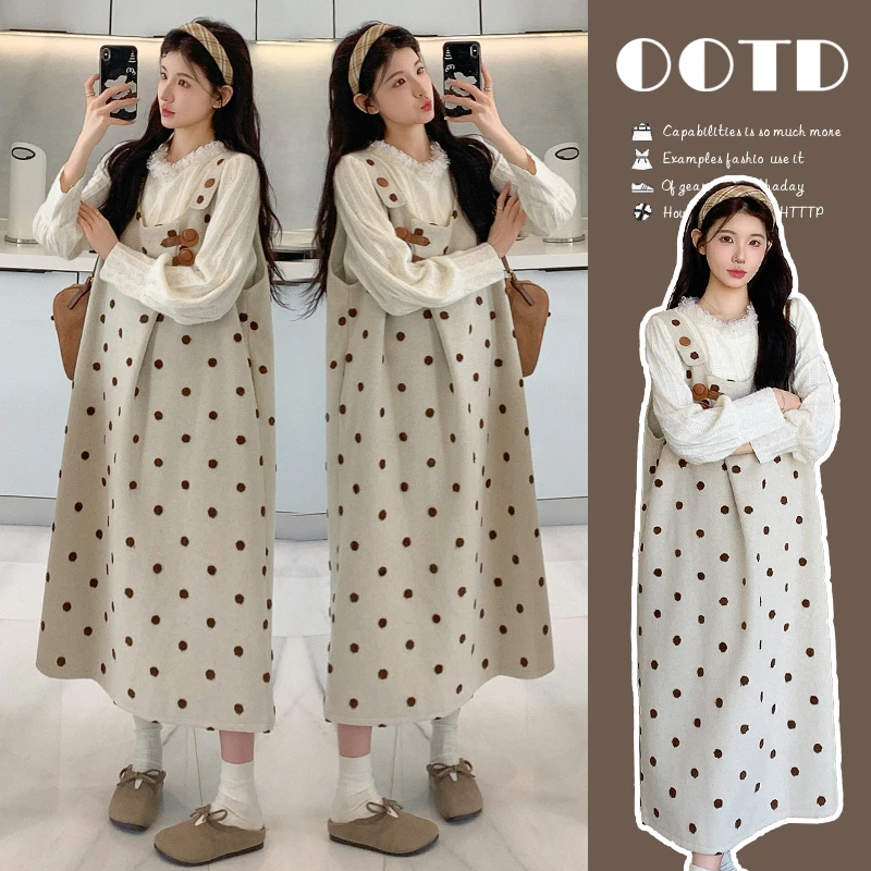 2025秋冬蕾丝长袖上衣搭配复古波点背带刺绣毛呢裙孕妇套装