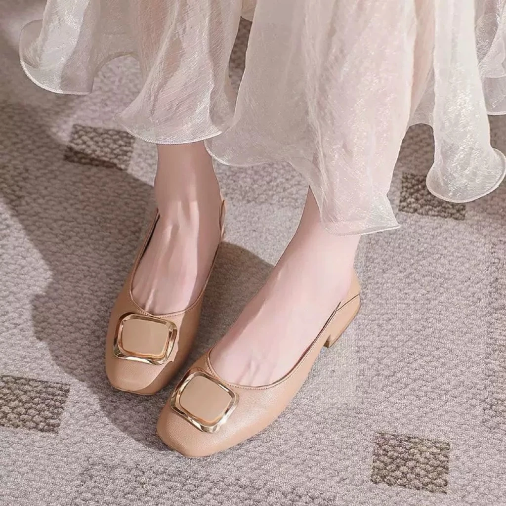 ES-12软皮粗跟单鞋女夏2025新款浅口百搭低跟瓢鞋舒适工作鞋子