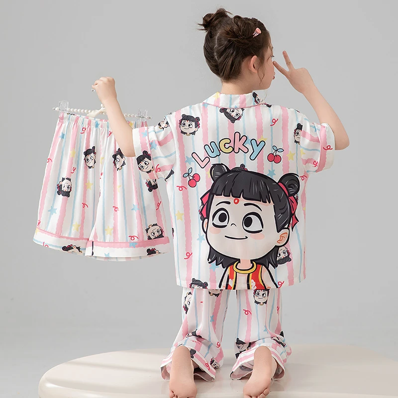 bejirog/北极绒女童时尚可爱风夏季新款短袖冰雪丝凉感睡衣三件套
