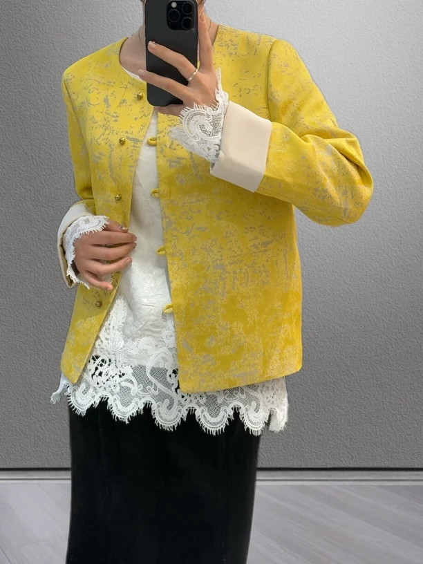 欧货2025春季新款爆款新中式国风年轻版唐装短款黄色外套女