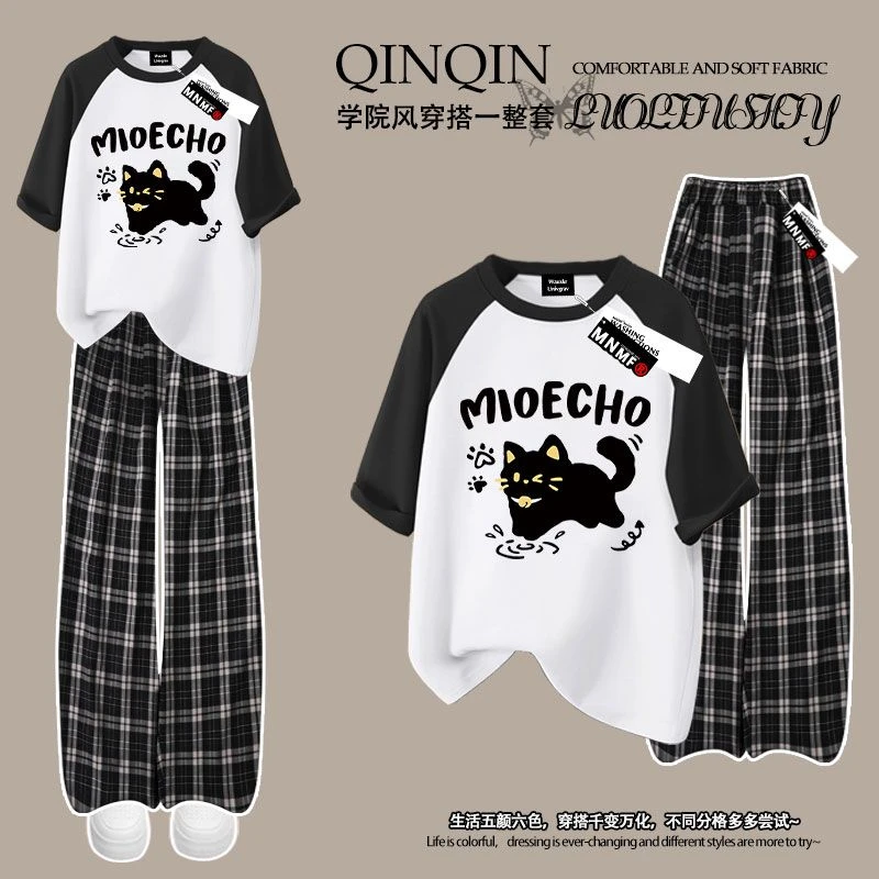 女童洋气韩版猫咪洋气印花夏季纯棉短袖t恤格子裤套装中大童潮流