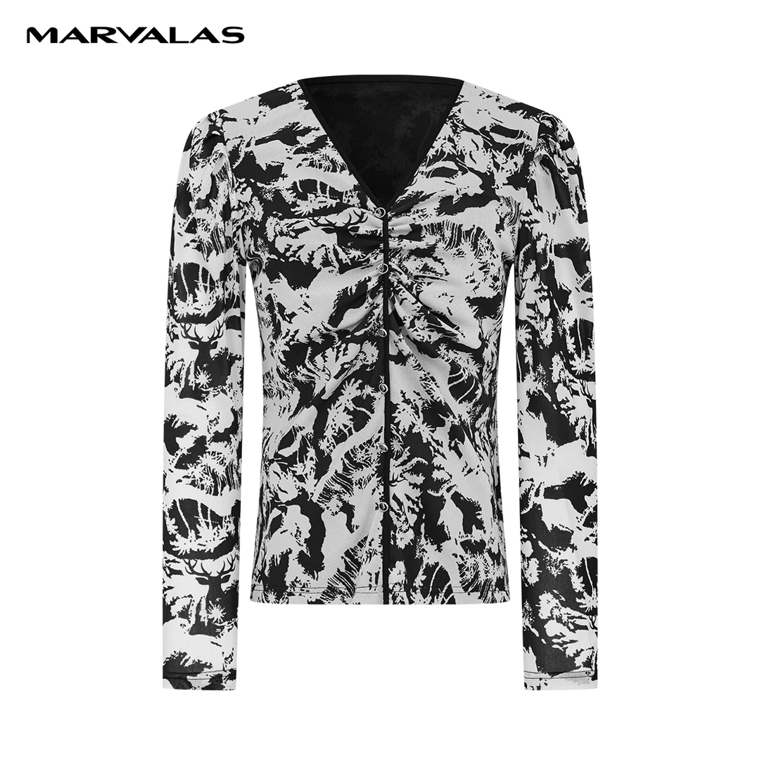 【籽言专属】M314205503曼德诗设计感小衫春夏网布印花V领上衣