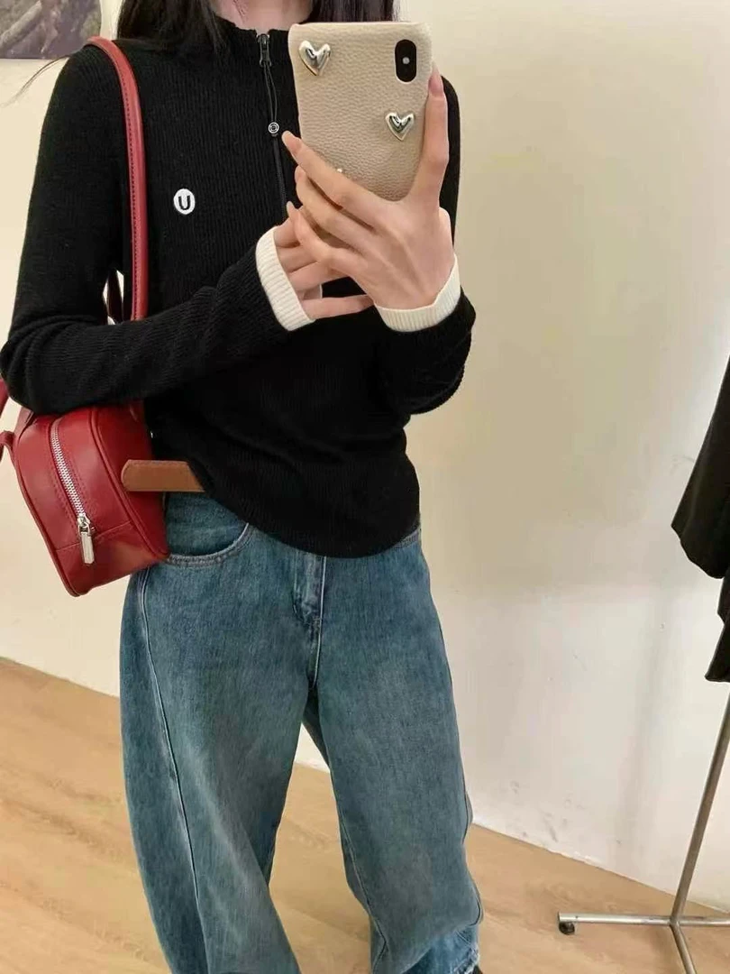 欧货早春半高领拉链针织衫女竖条纹字母宽松显瘦毛衣新款8855