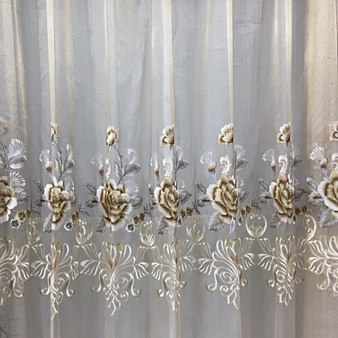 香槟色牡丹绣花纱帘4.9米挂钩高2.15