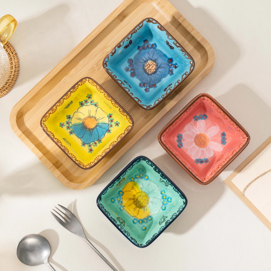 【SILESIA/出口原单】手绘色彩琉璃-4英寸四方烤碗四色装