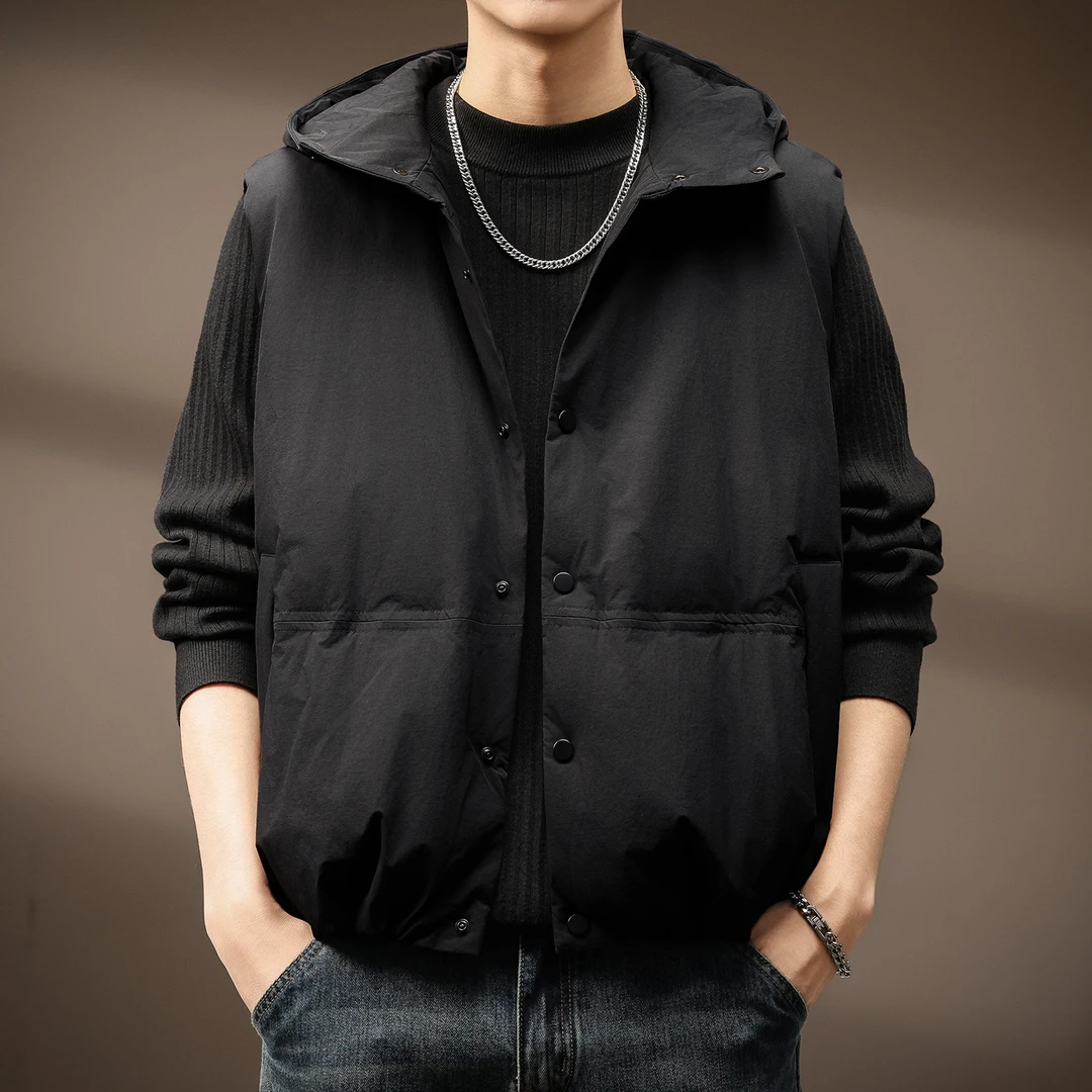 高端连帽无袖羽绒服男2025冬季新款潮流马甲休闲保暖户外背心外套