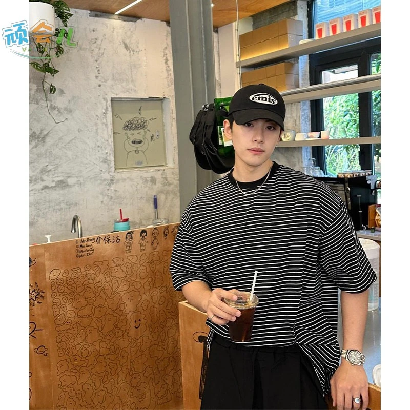 三折专区|黑白细条纹200gt恤韩系风格穿搭男夏季潮牌短袖overs