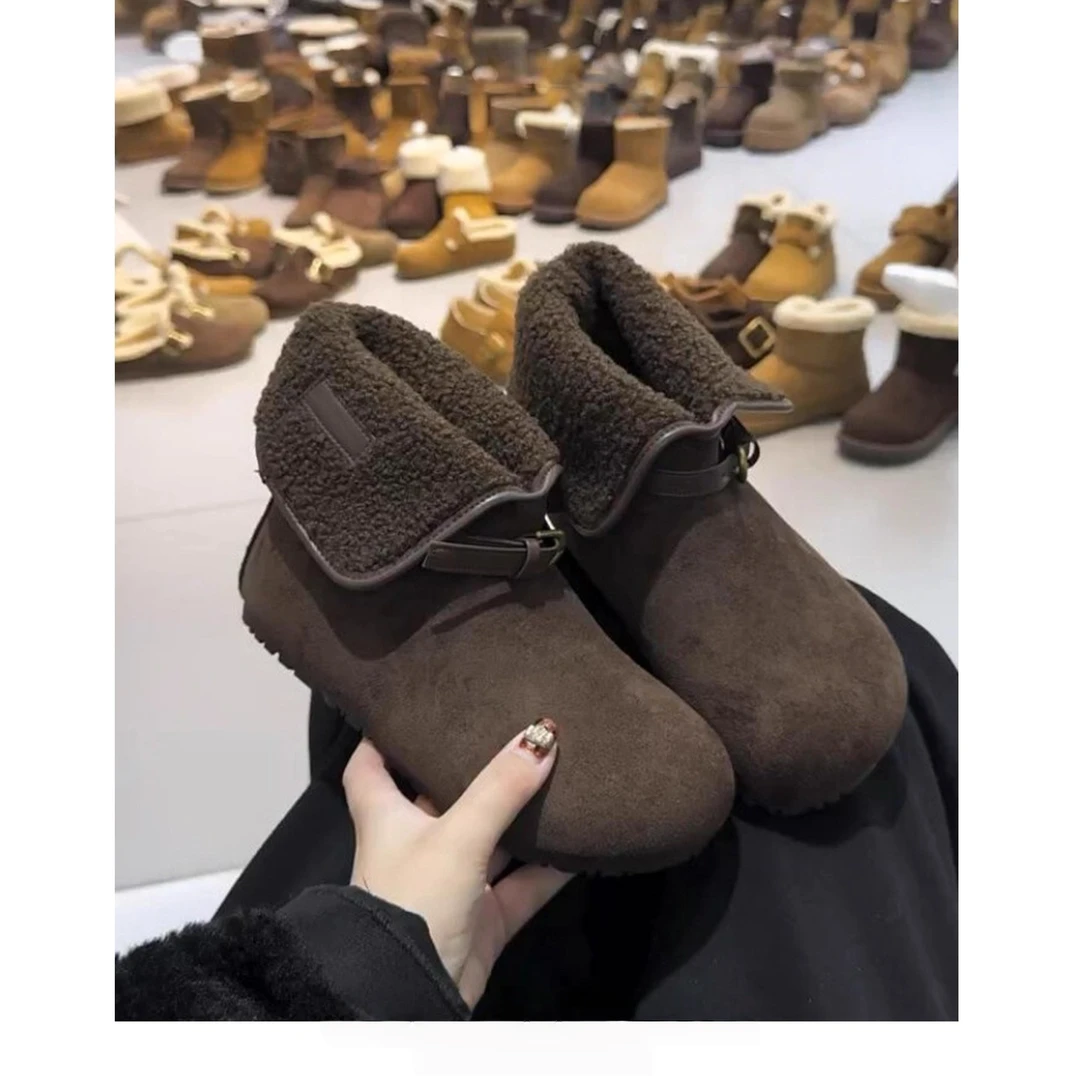 复古两穿短靴毛毛雪地靴女款冬季小个子加绒加厚勃肯鞋子保暖棉鞋