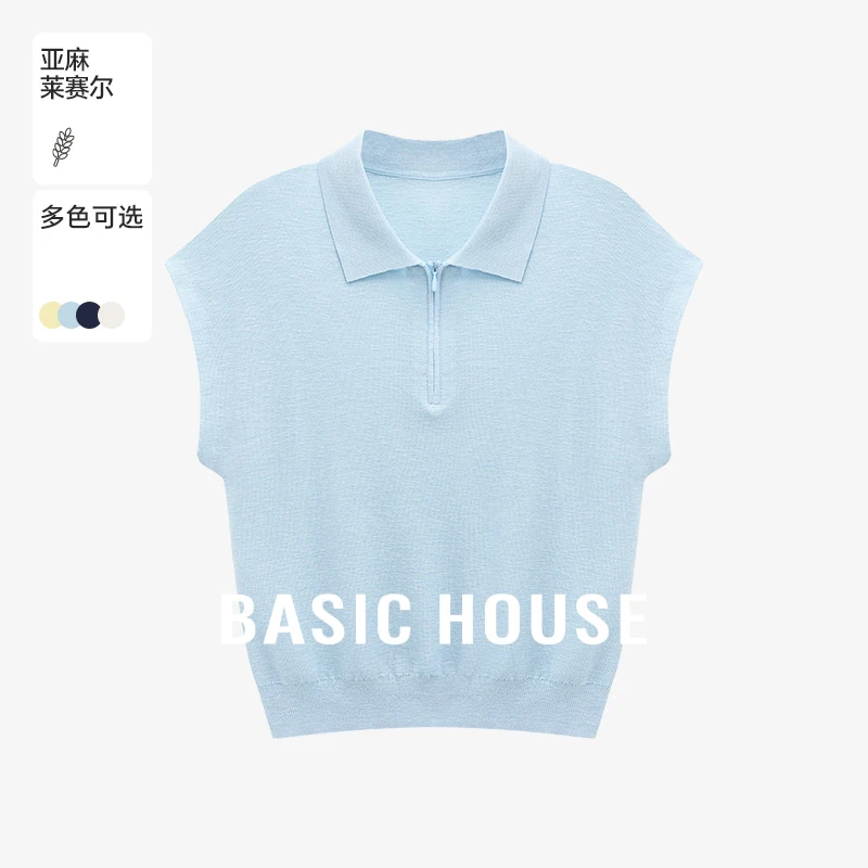 Basic House/百家好夏季韩系ins无袖休闲女翻领针织衫B0625B5T922