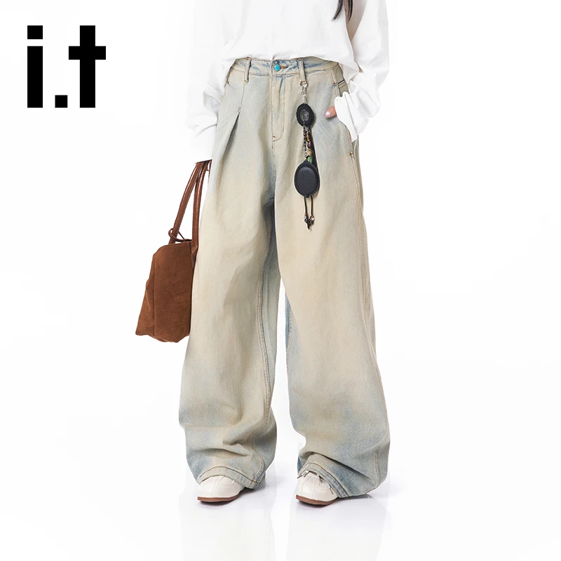it izzue夏季潮牌弯刀牛仔裤男女同款美式高街休闲百搭宽松阔腿裤