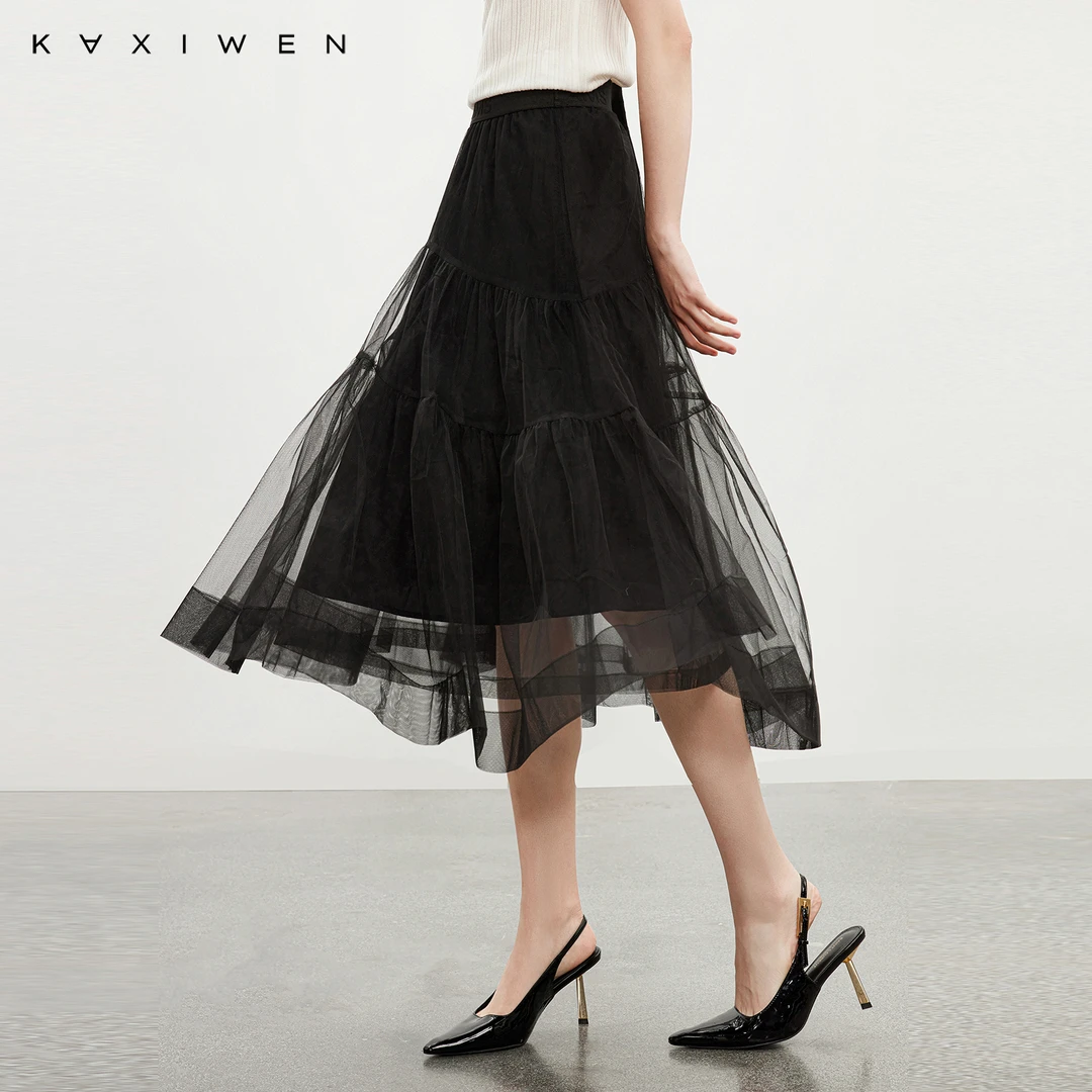 佧茜文气质蓬松显瘦长裙【春秋】灵动网纱拼接半身裙X12AQN1232