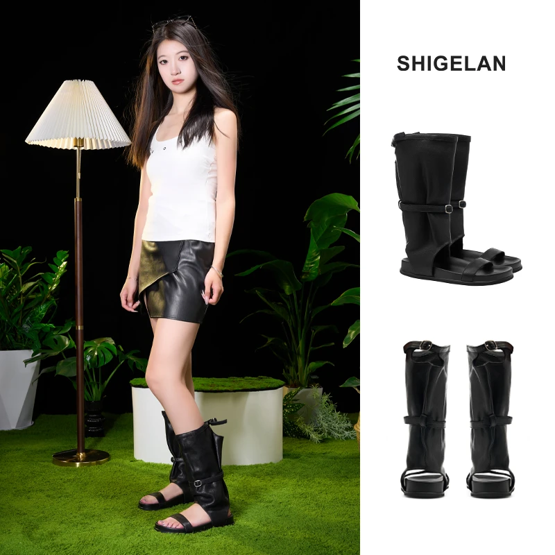 诗歌兰25夏季新款真皮高级西部凉靴百搭时尚潮流中筒靴91886-7