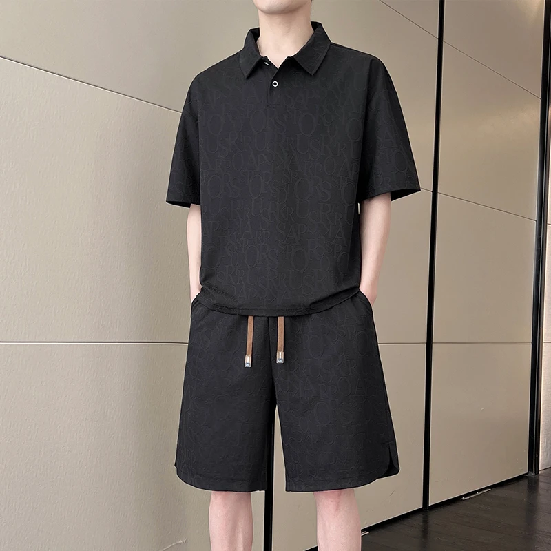 新款夏季男潮流宽松服潮牌短袖T恤提花冰丝上衣短裤翻领POLO衫套